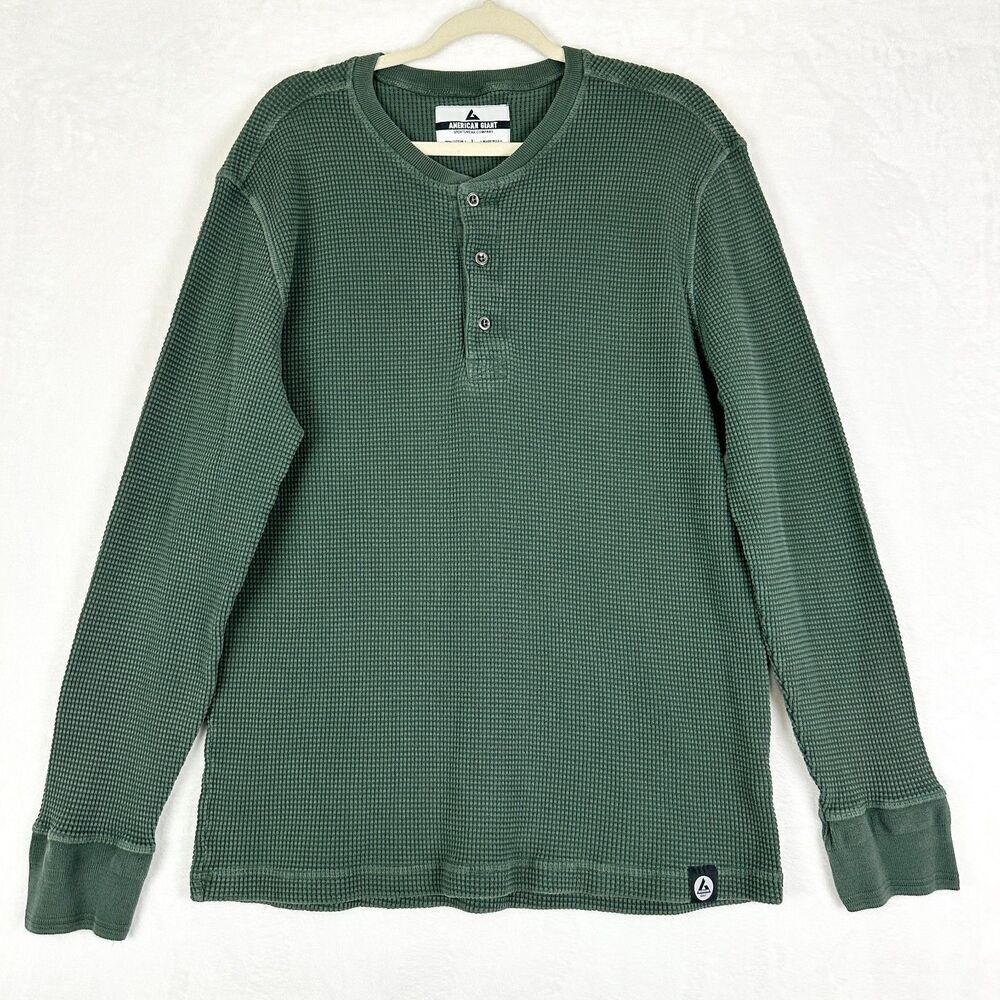 American Giant Men's Waffle Long Sleeve Henley Green Size Large Cotton USA